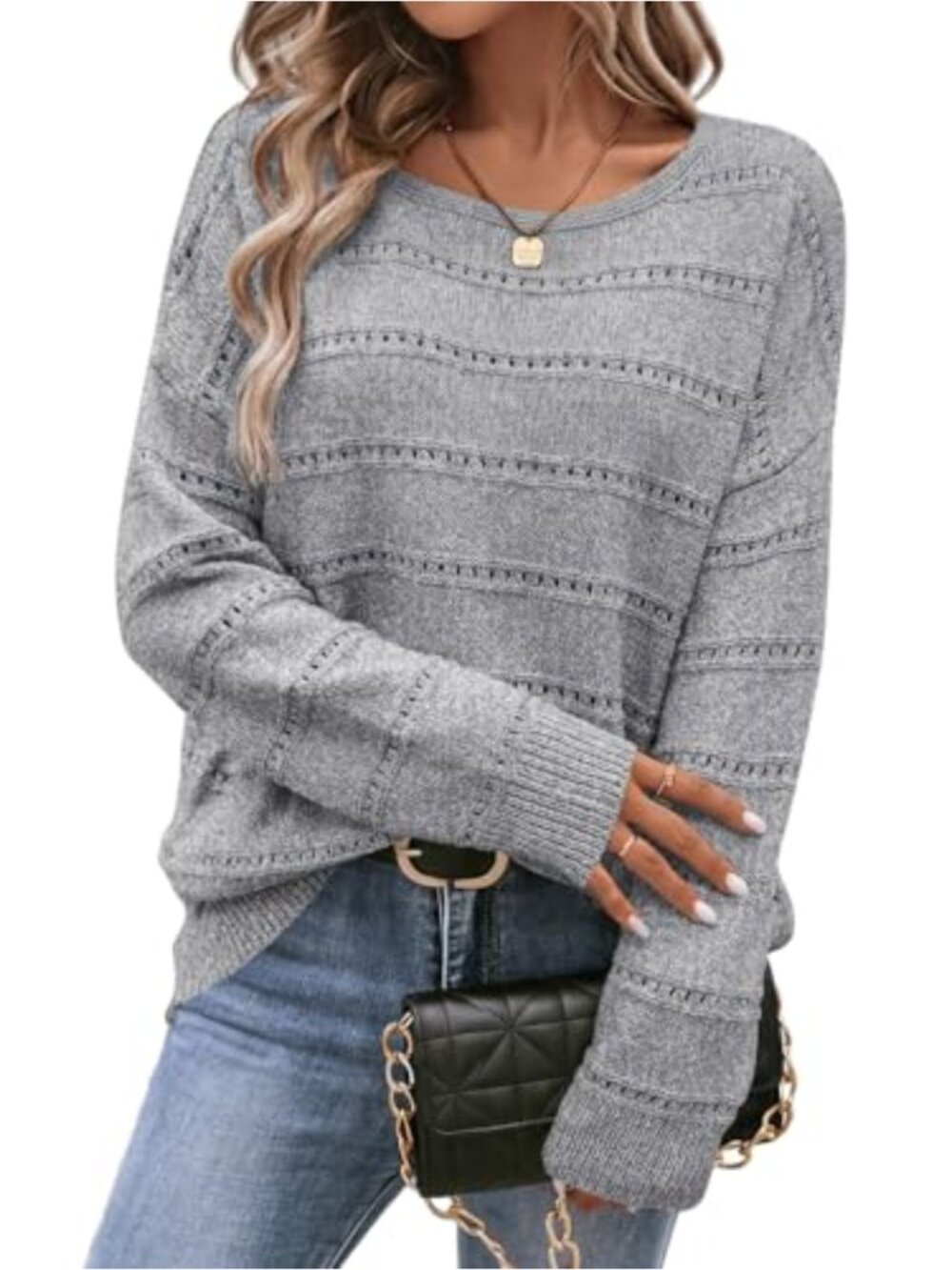Women's Crochet Boat Neck Long Sleeve Pullover Sweater Lightweight Knit Top